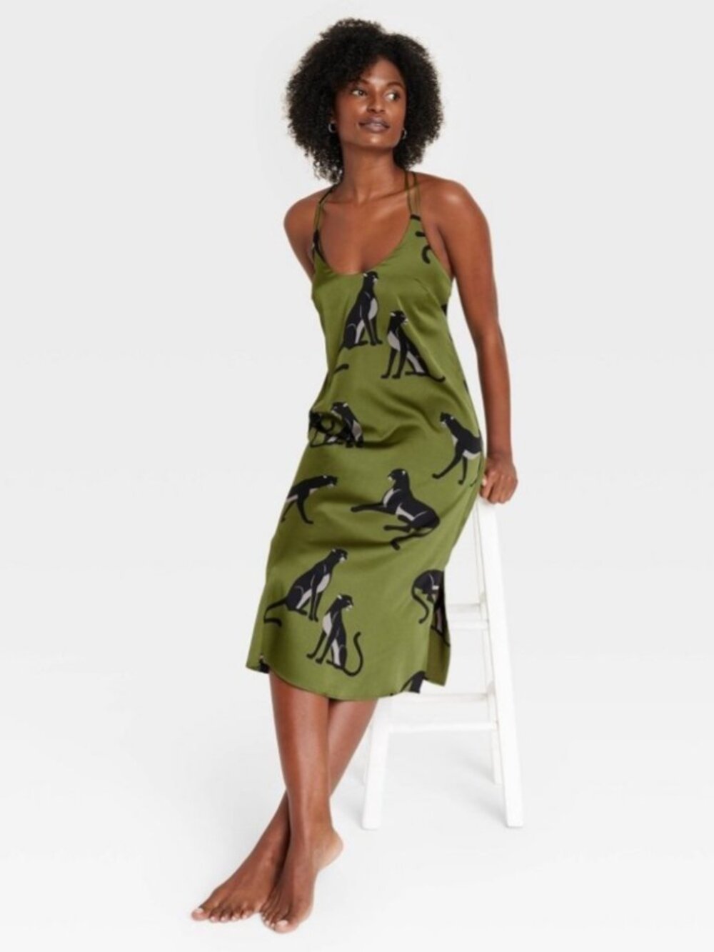 Auden Green Satin Black Panther Print Sleepwear Chemise ** Size S